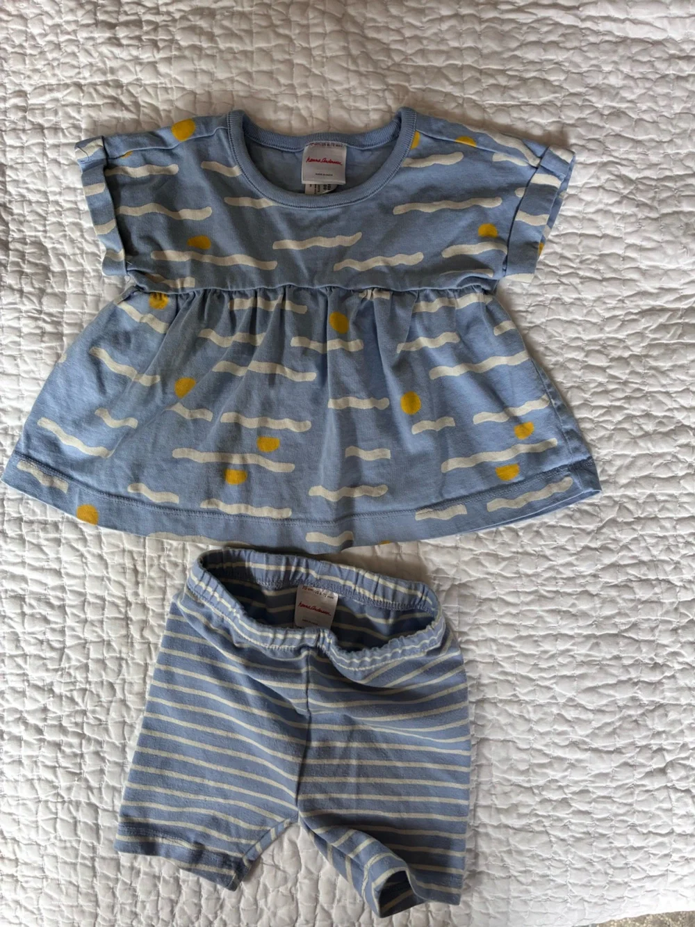 Hanna Andersson Light Blue top and shorts with Yellow Dot & White Wave Print